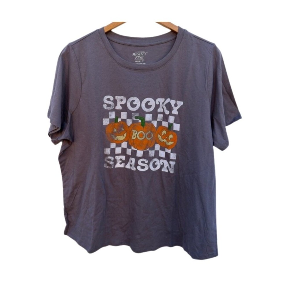 Mighty Fine Spooky Season Pumpkin Checkerboard Graphic T-Shirt Gray 1X Plus